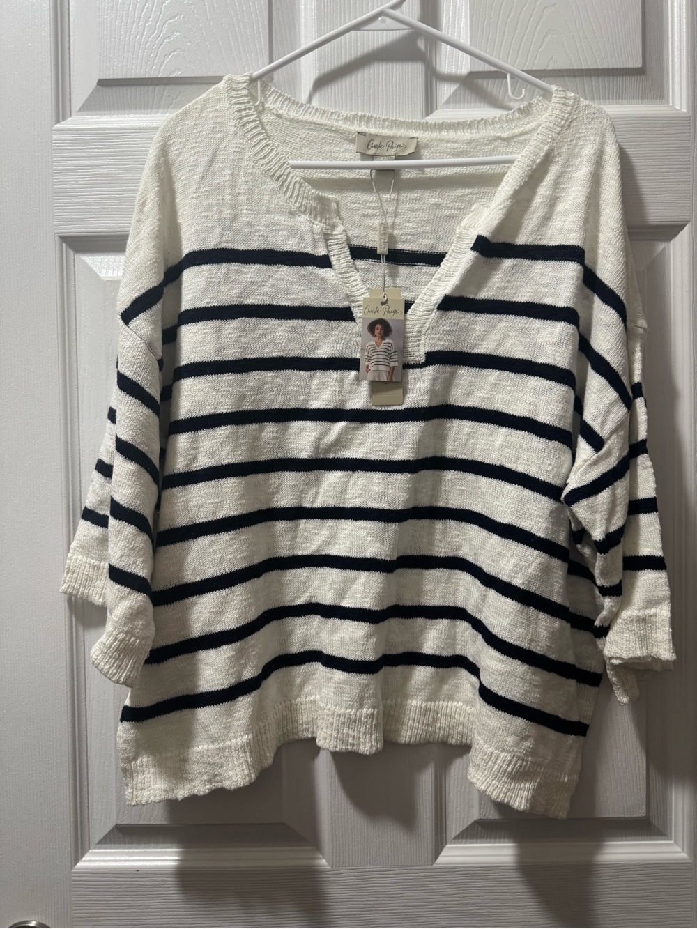 Charlie Paige Striped V-Neck Sweater - Navy & White